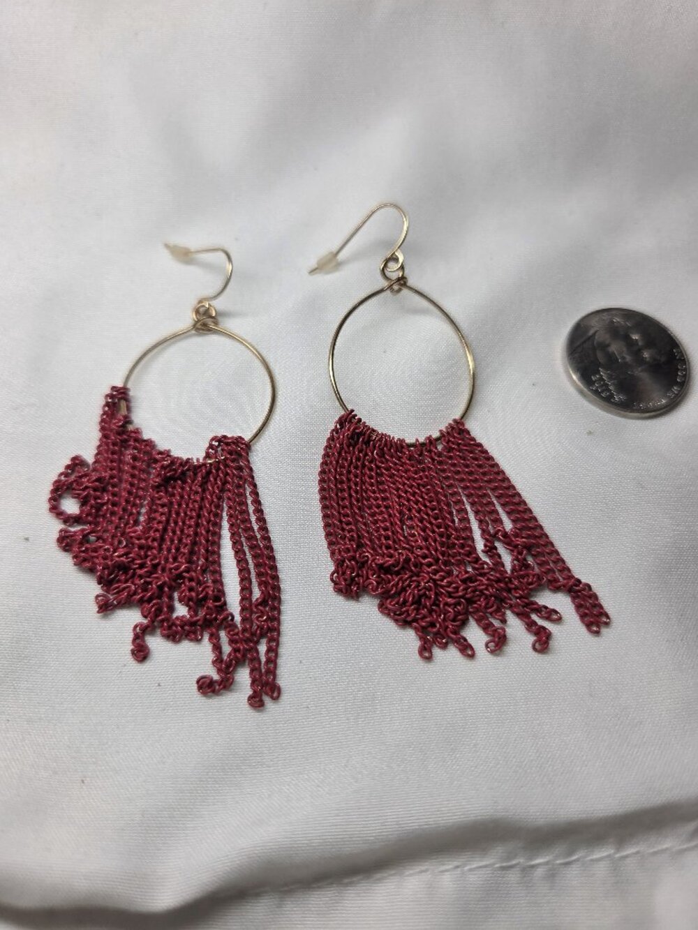 Red fringe gold hoop earrings